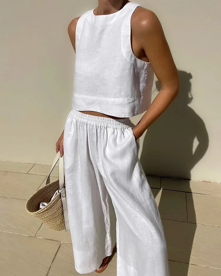 Summer Loose Cotton Linen Set Women Summer O Neck Sleeveless Tank Top +Wide Leg Pants Two Piece Sets Casual Harajuku Style Suit