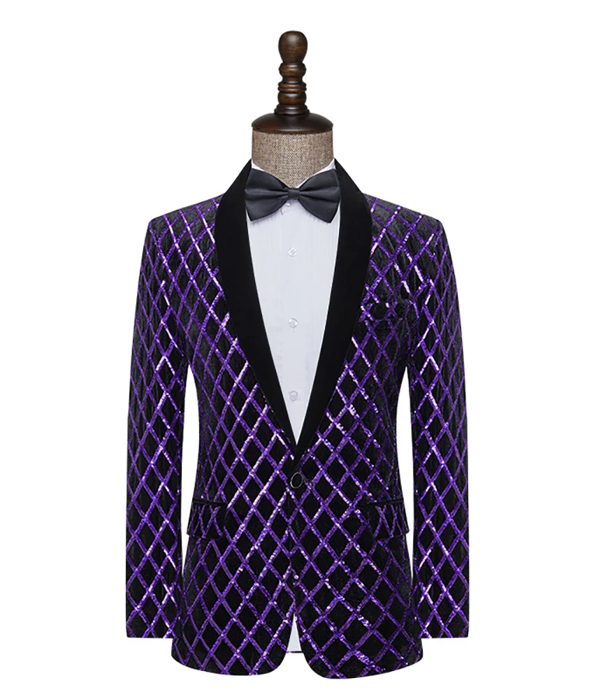 

High quality men's sequin plaid stage singer performance host suit jacket slim purple tuxedos Celebrity Gowns Party Gowns
