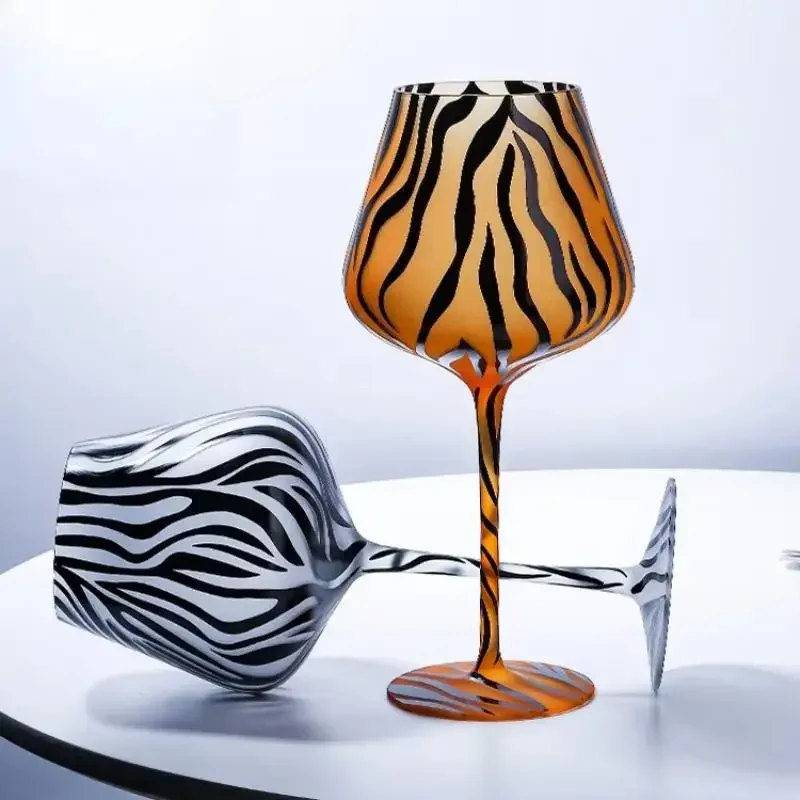 Creative Painted Tiger Leopard Highball Glass Crystal Home Use Cartoon Milk Cup Frosted Big Belly Wine Glass