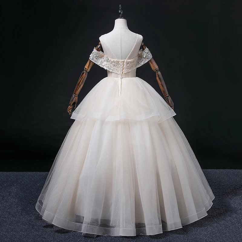 Anxin sh princesa champanhe flor renda barco pescoço beading cristal brilhante babados festa vestido de baile vestido de noite personalizado