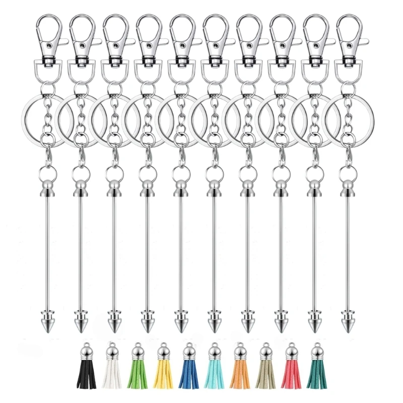 

MXME Pack of 10 Unique Metal Blank Rod Keychain Beaded Stringing Option Keyrings