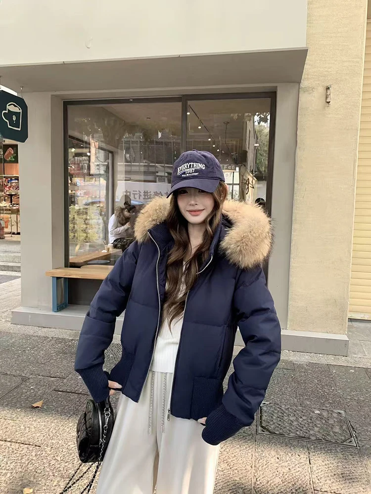 Parka damska z kapturem i kołnierzem z imitacji futra Y2K, zimowa, gruba, dopasowana, krótka kurtka puchowa, modna odzież uliczna, długi rękaw, zapinana na zamek, nowa