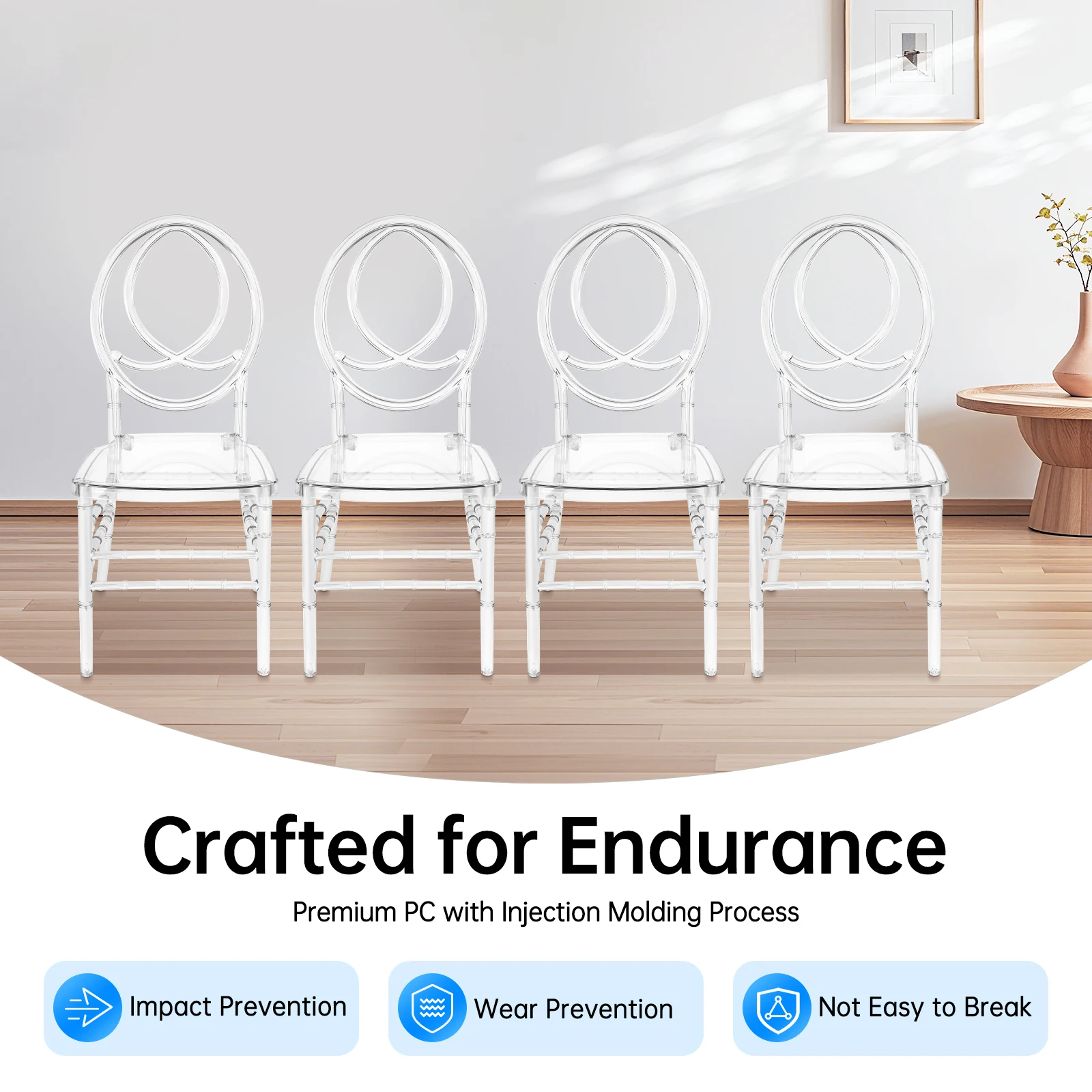 كراسي PC مكونة من 4 قطع، كراسي طعام شفافة، كراسي أنيقة لحفلات الزفاف لقاعات الولائم، قاعات الزفاف 15.16 بوصة × 15.16 بوصة