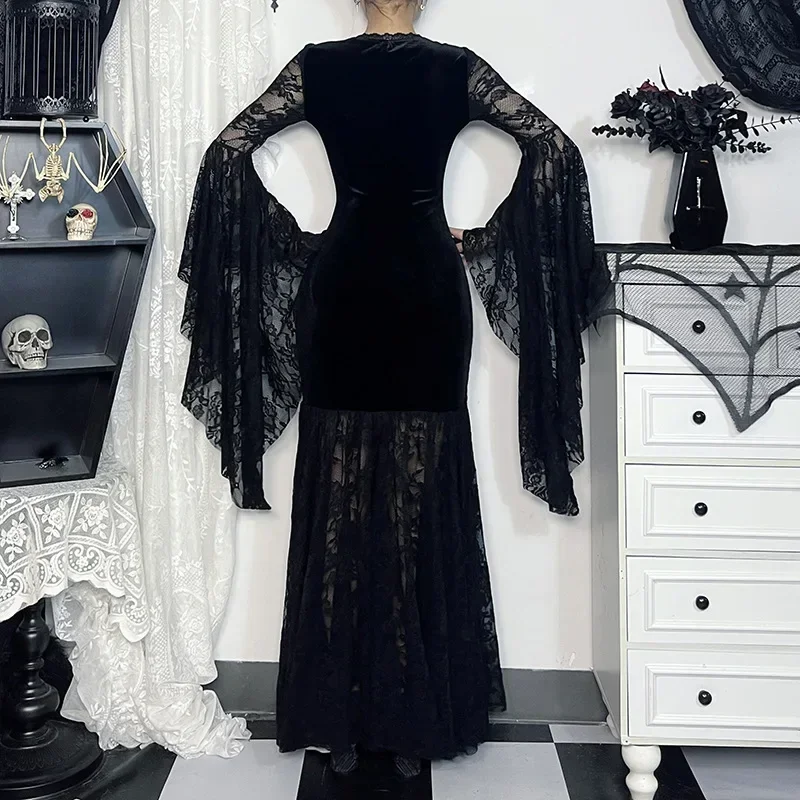 Y2K Goth Floral Lace Mesh Flared Sleeve Bodycon Party Dresses Sexy Vintage Elegant Black Velvet V-Neck Long Dress Partywear