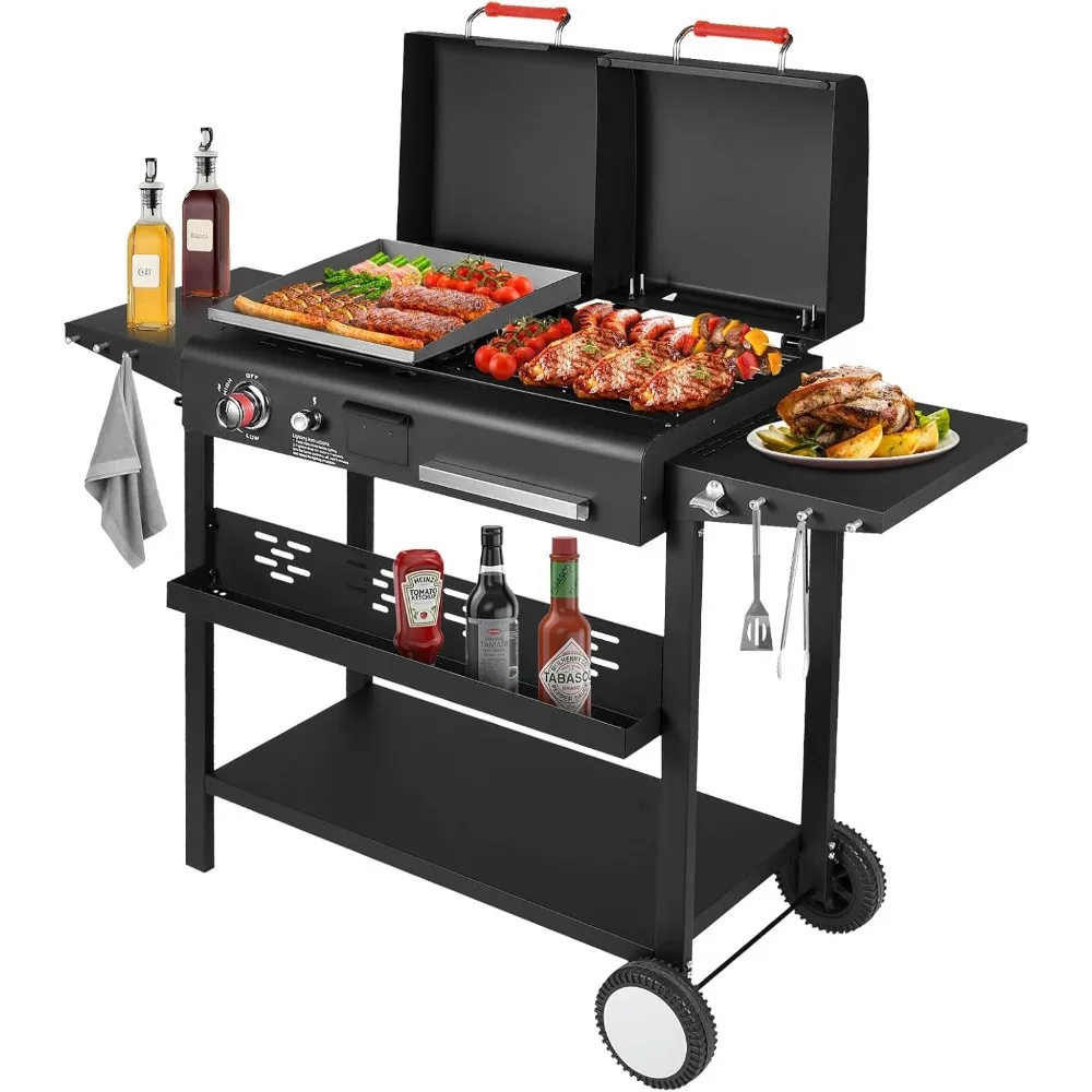 

Llamaviva Charcoal and Gas Grill Combo with Black Dual Lids,Dual Fuel Propane Gas Grill With 2 Side Shelves for Outdoor Kitchen