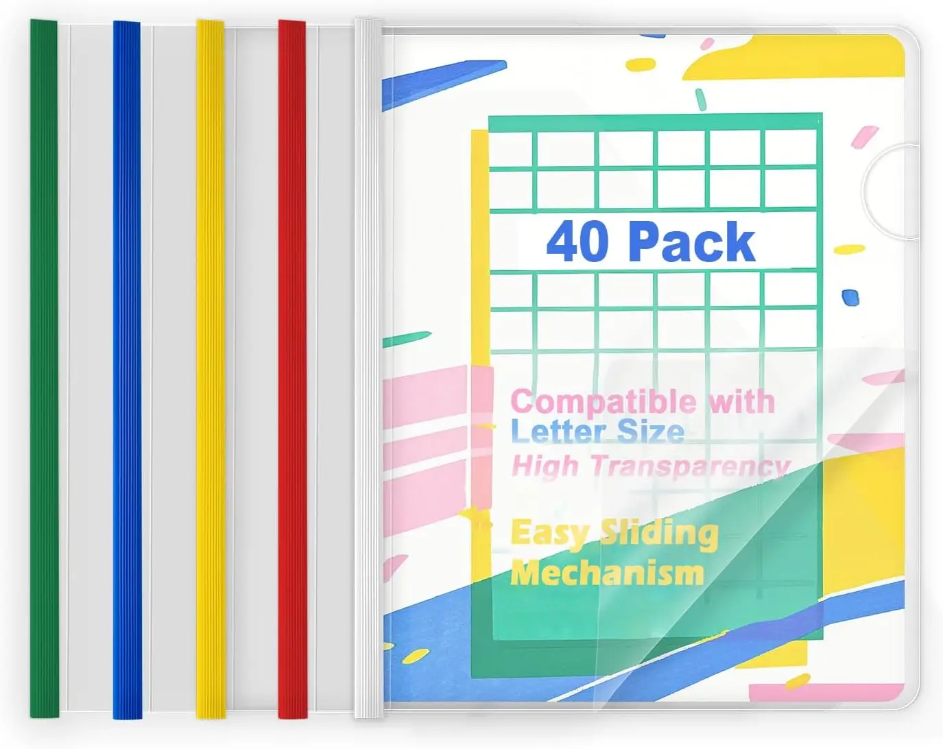 40 Pack Clear Report Covers with Sliding Bars, 9mm (70 Sheet Capacity) Colorful Sliding Bar File Folders, for Letter Size