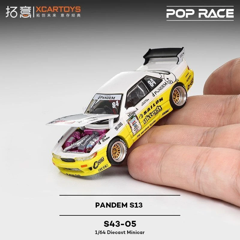 POP RACE 1/64 Nissan S13 Pandem White and Yellow Double Color Competition S43-05 Alloy Car Model