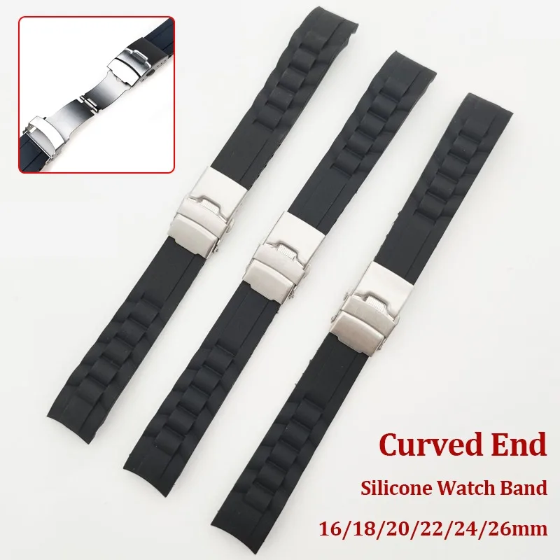 Silicone Watchband Curved End Rubber Watch Strap 16/18/20/22/24/26mm Folding Buckle Universal Wristbelt Men Women Sport Bracelet