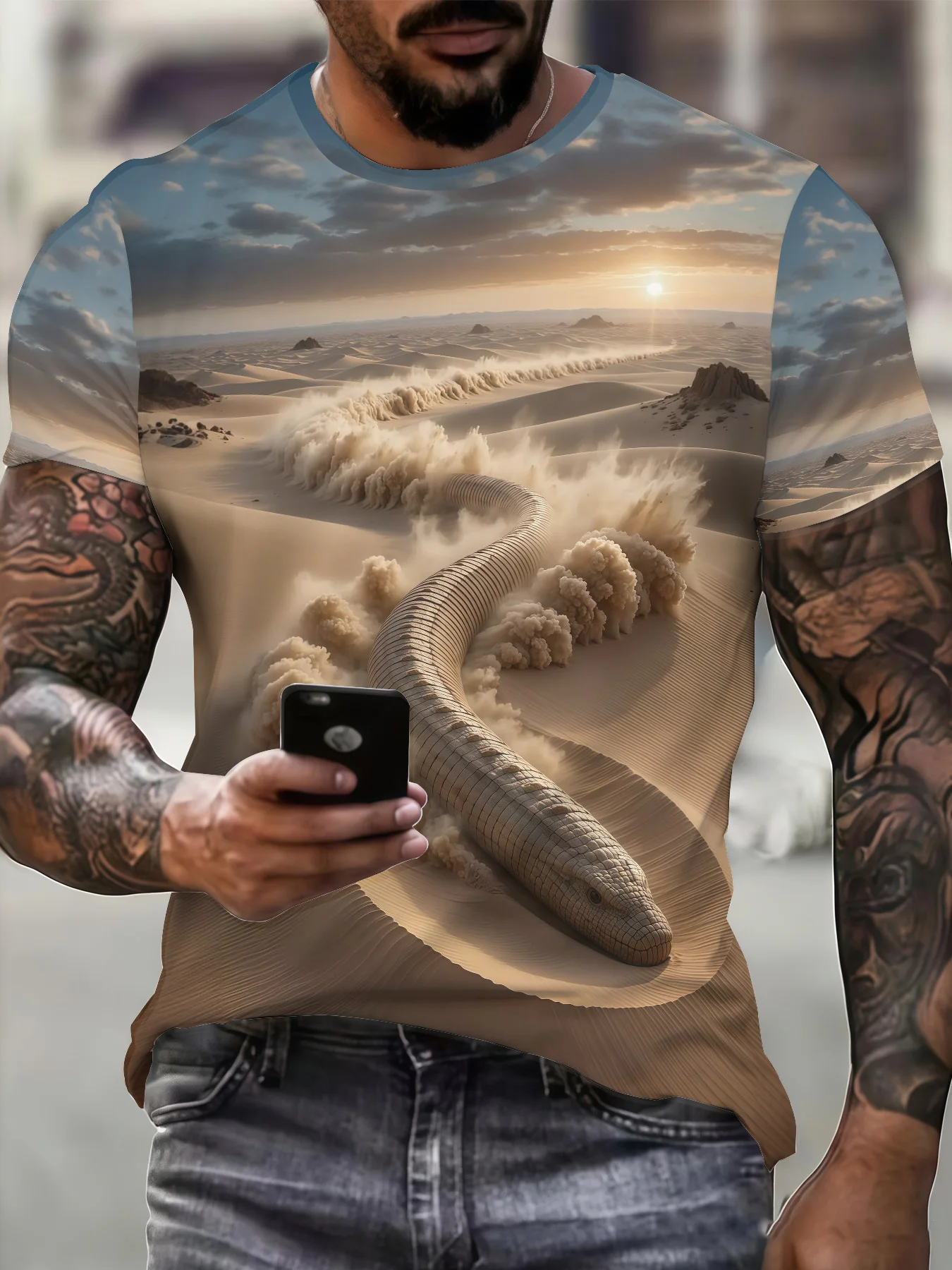Men Giant Desert Snake Sand Dust Sunset Dune Landscape Print Short Sleeve Crew Neck T-shirt