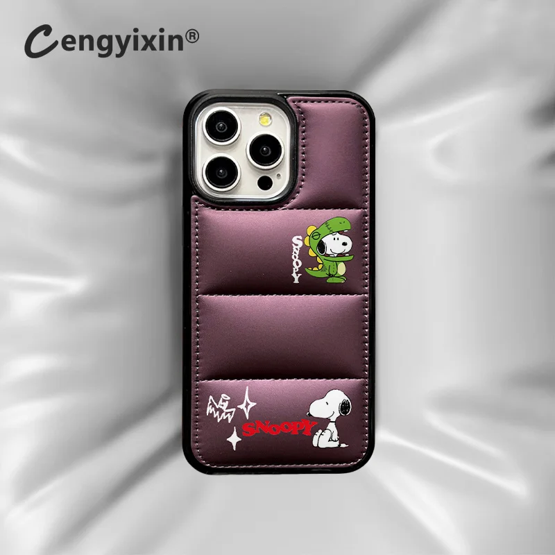 

Funny Cute Snoopy dinosaur cartoon Fluffy soft Down Jackets cloth Phone Case For iPhone 16 15 14 13 12 11 Pro Max Plus Cover ﻿﻿