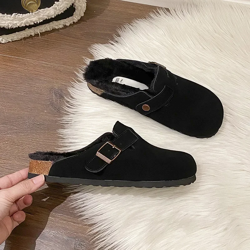 

Women with Velvet Head Towing Spring and Autumn Winter Wear Fashion Warm Half Slippers Cork Bottom Boken Hair Towing