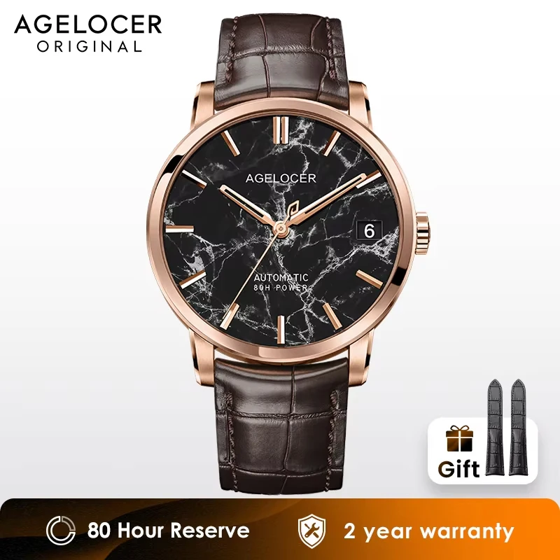 Reloj AGELOCER Baikal para Hombre con Esfera de Mármol Natural, Calendario Grande, Mecánico Automático, Regalo de Cumpleaños para Hombre