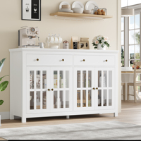 Getone Sideboard 140cm Kitchen wardrobe Buffet wardrobe with 2 Drawers 4 Glass Doors Adjustable Shelf Kitchen Buffet 140x40x91cm