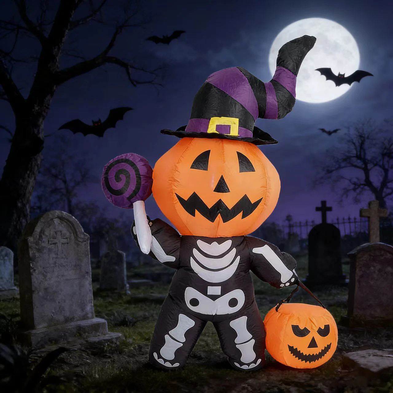 Large Inflatable Halloween Cartoon Character, Pumpkin Wizard Hat Doll with Led Lights, Outdoor Garden Decoration, Event Party Inflatable Props, Waterproof and Durable, Equipped with a Blower