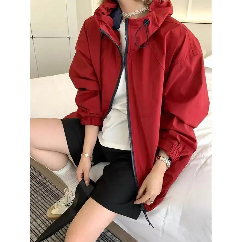 

Casual Color Blocked Zipper Hooded Jacket For Women In Spring And Autumn 2025 New Loose And Versatile Top
