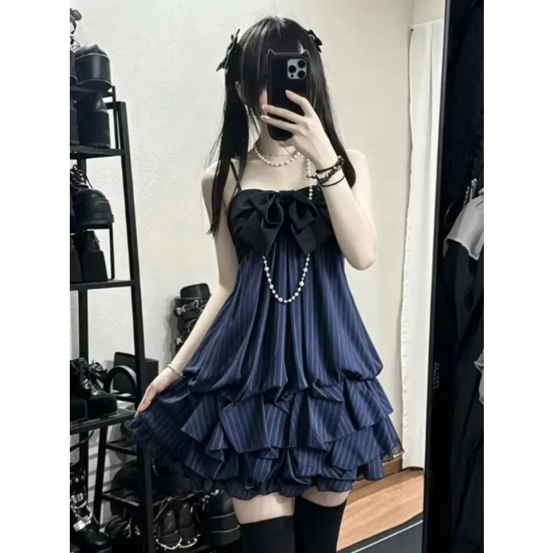 2026 Japanischer Kawaii-Stil Lolita-Kleid für Damen, Vintage Süßes Spitzenkleid mit Schleife und Rüschen, Harajuku Y2k Slim Bandage-Kleid für den Sommer