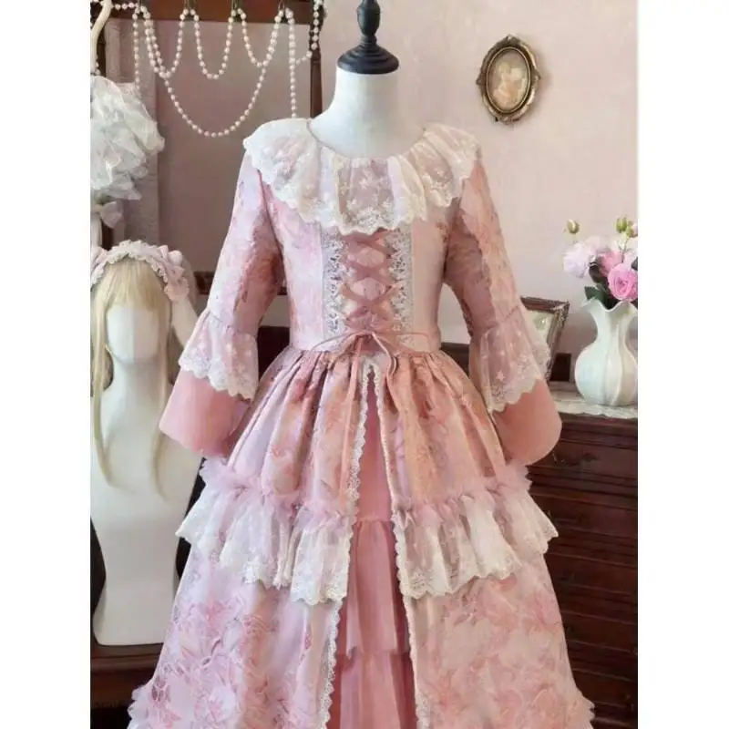 2pcs-girls-pink-rococo-style-victorian-dress-vintage-floral-print-long-sleeve-lace-ruffle-ball-gown-kids-princess-costume