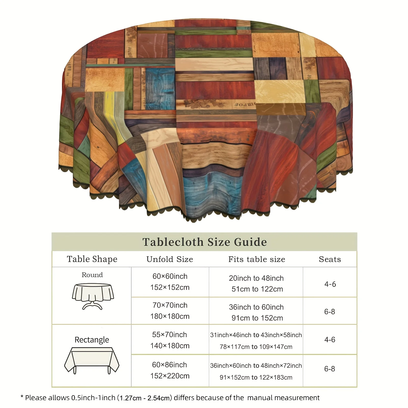 One piece, round/rectangular polyester tablecloth, vintage wooden board tablecloth, vintage style.