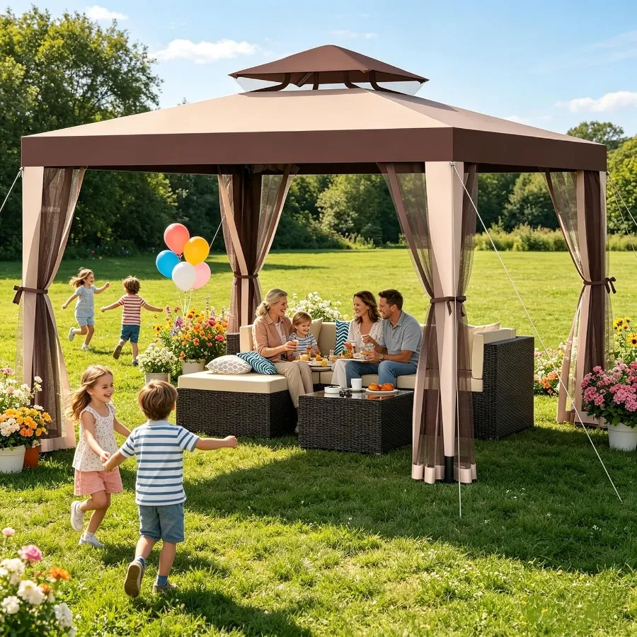 Outdoor Gazebo for Patio, 10×10 Canopy Tent with Mosquito Nettings