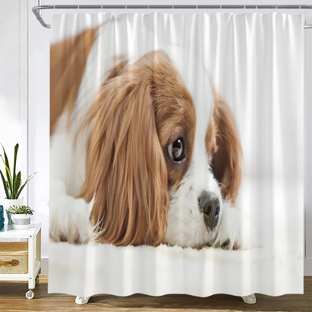 Cute Dog Shower Curtains Black Funny Animals French Bulldog Pattern 3D Print White Home Bathroom Decor Hooks Bath Curtain Sets