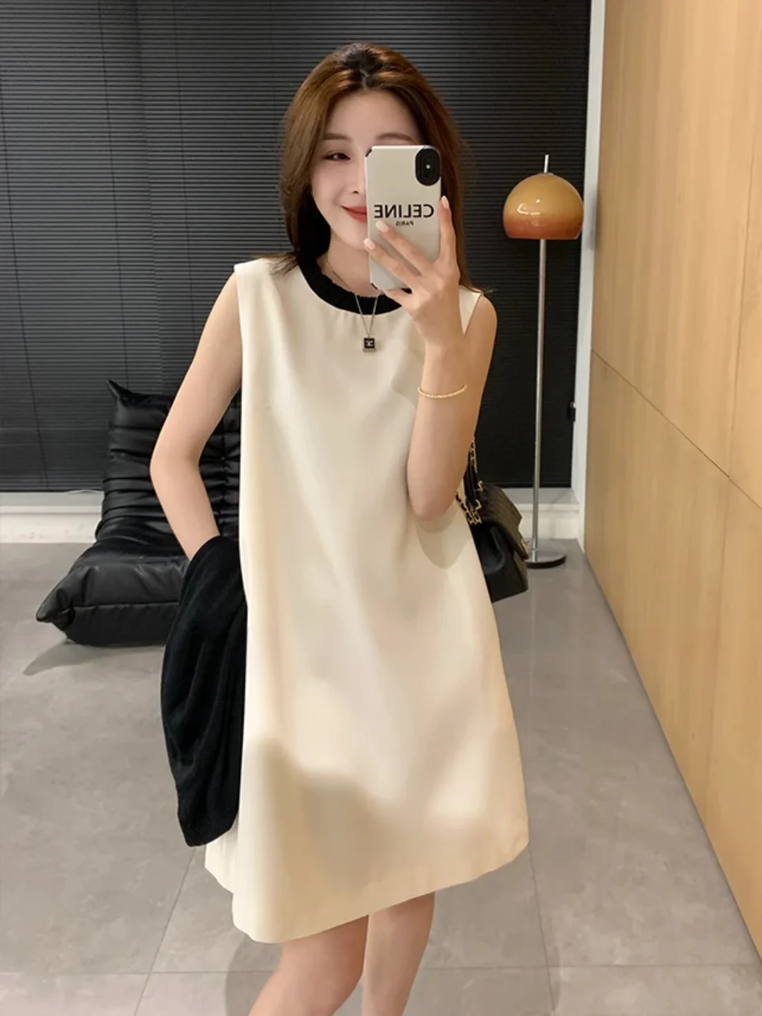 Vestido F Casual E de Verão, Sem Mangas, Gola Redonda, Tamanho ande, Estilo Regata, Saia Godê Moderna