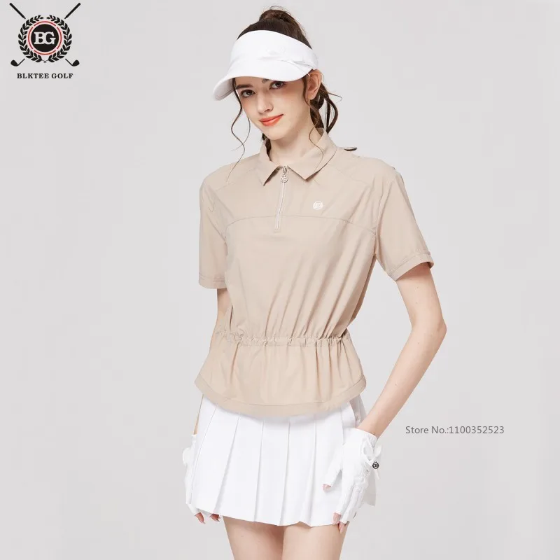 BG Women Zipper Collar Golf Shirt Short Sleeve Summer Quick-dry Golf Tops Waist Cinched Ladies Sports T-Shirt Golf Apparel