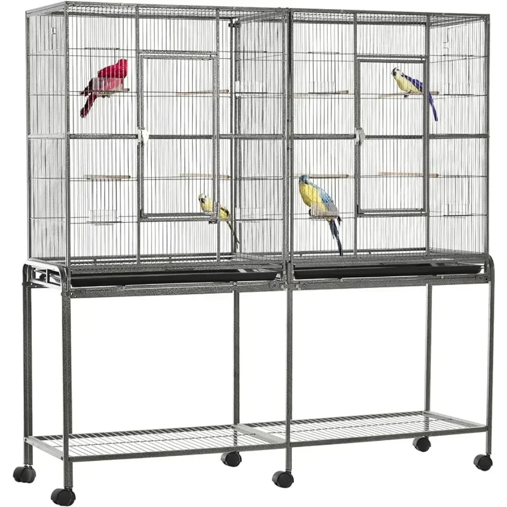 

Bird cage, 65 "double rolling metal bird cage feeder with detachable rolling bracket,storage rack,wooden tray,and food container