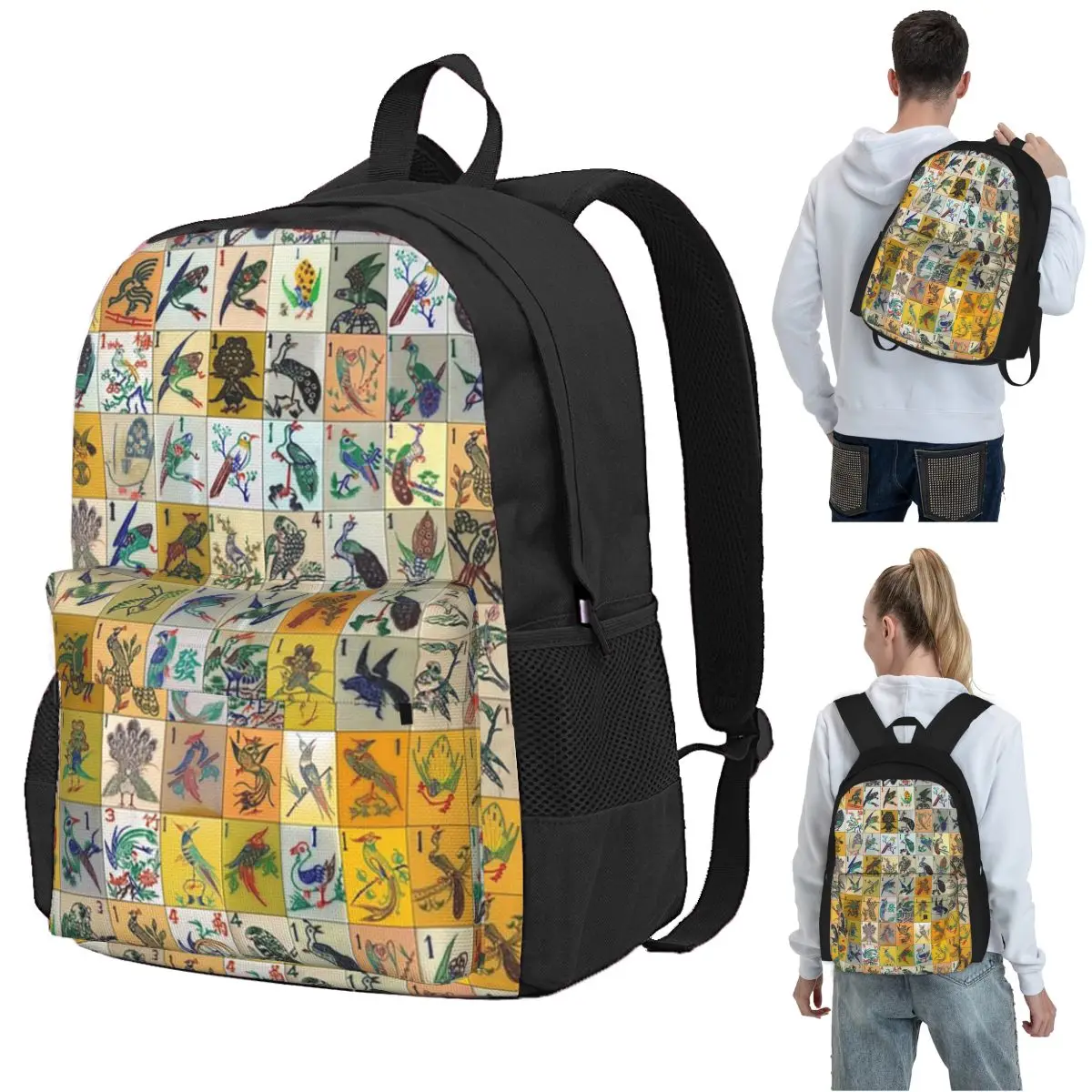 Mah Jongg Birds Mahjong Tiles Backpack Student BookBag Children School Bag Laptop Shoulder Bags for Men Women