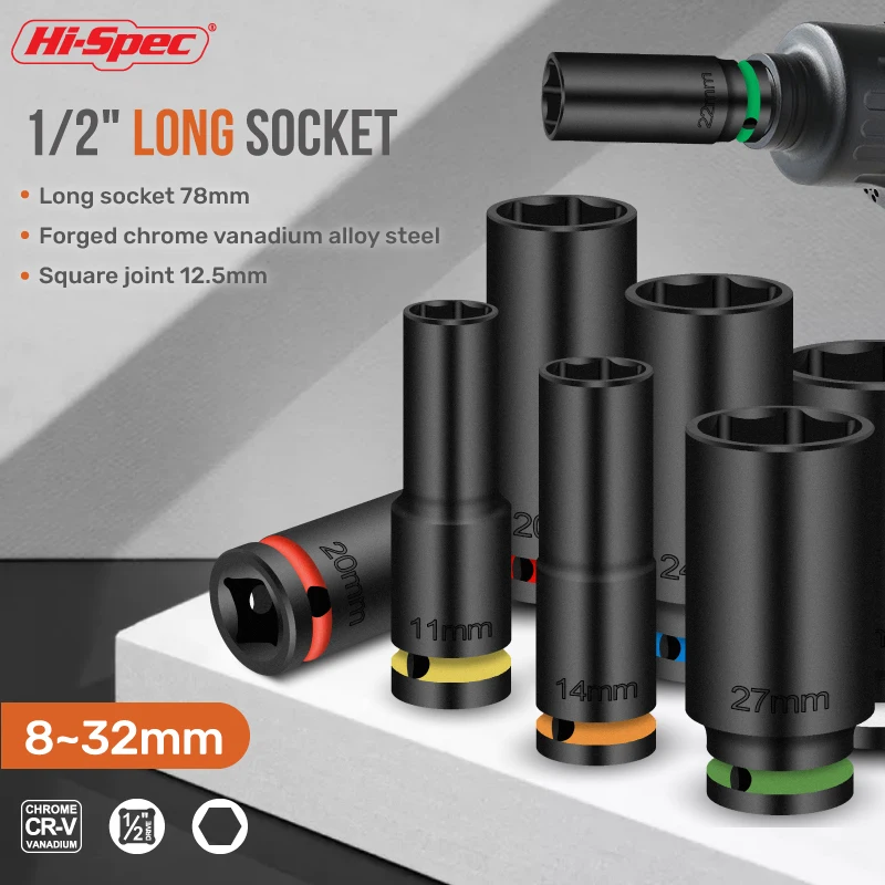 Conjunto de soquete pneumático longo de 1/2 polegada Hi-Spec 38 mm - grau de impacto, junta universal, aço Cr-V, unidade de 1/2 polegada 8 mm-21 mm