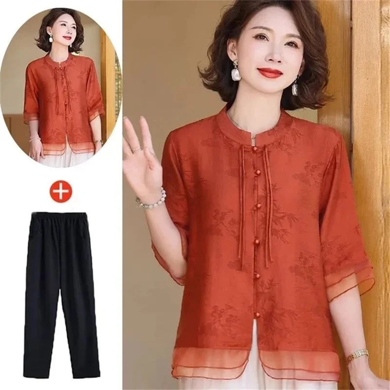 New Chinese Mother Summer Suit Five-Point Sleeve Short-Sleeved Shirt Top+Wide-Leg Pants Two-Piece Middle-Aged And Elderly 2PCS