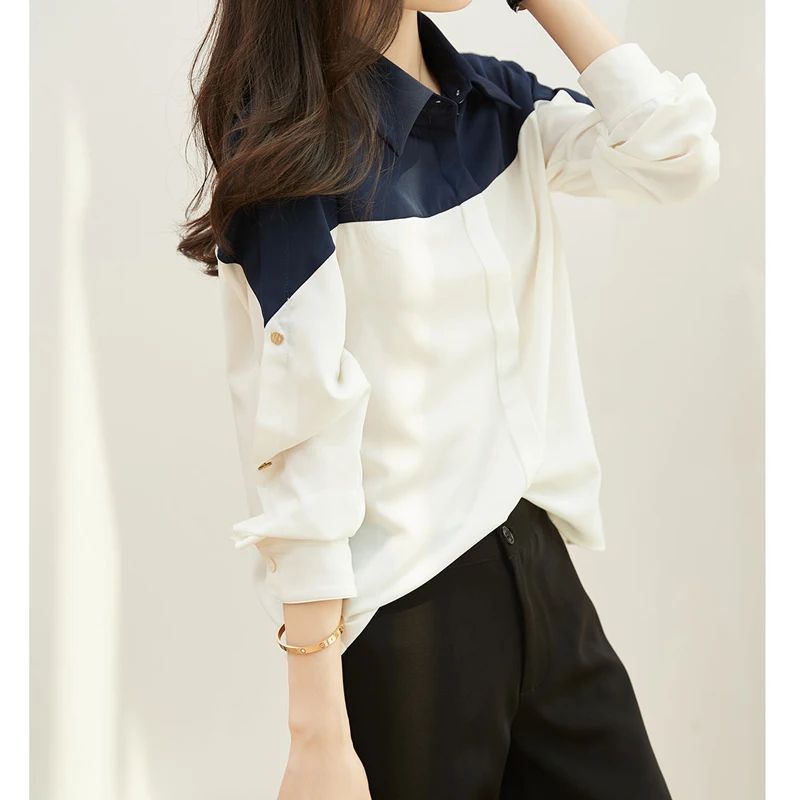 Contrast Simplicity Office Lady Blouse Spring New Long Sleeve Polo Neck Loose Patchwork Shirt Tops Elegant Fashion Women Clothes