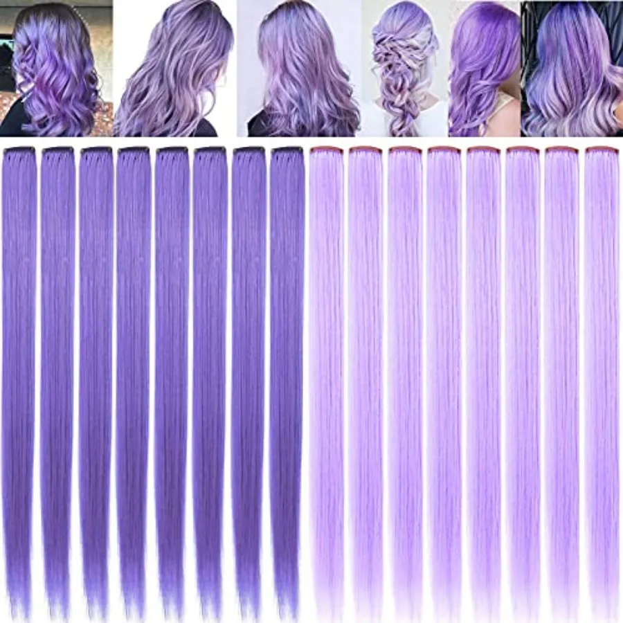

Colored Hair Extensions 21 inch Multicolors Party Highlights Straight Hair Extension Clip In/On for Girls and Women Costume Wig