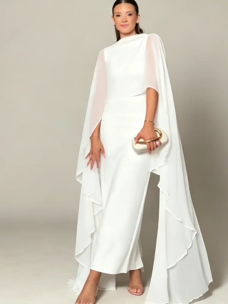 Sheer Cape Round Neck Maxi Dress For Woman Open Back Solid Plain Design Skirt Elegant Wedding Formal Evening Female Long Robes