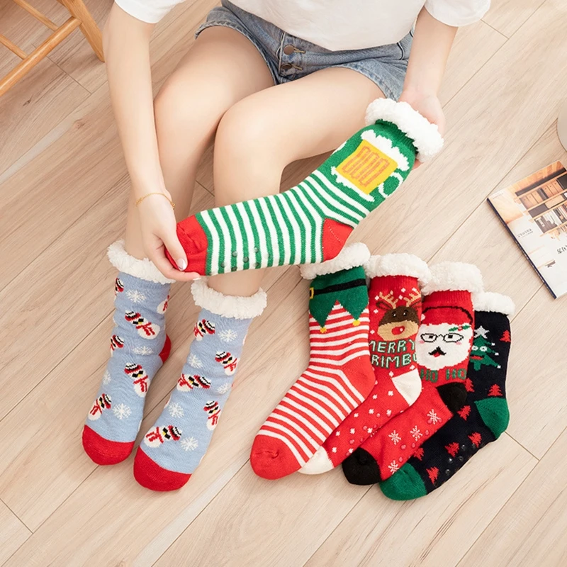 Women Men Christmas Thermal Fuzzy Slipper Socks with Grippers Funny Santa Elk Snowman Print Faux Fleece Lined Non-Slip Floor