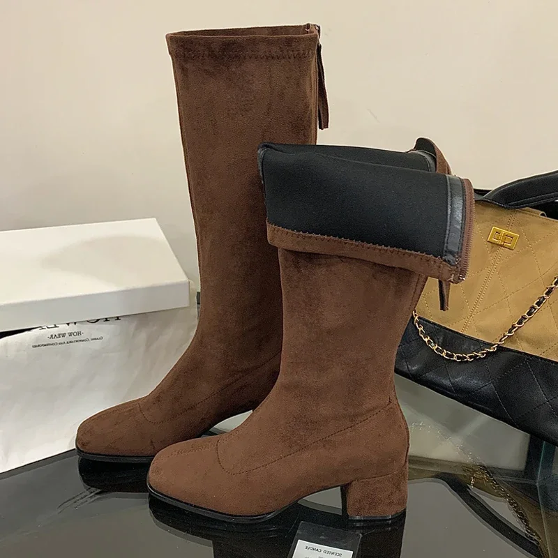 

Aneikeh Winter Street Style Round Toe Knee-High Women Boots Fashion Square Heel Shoe Zipper Female Long Booties Zapatos De Mujer