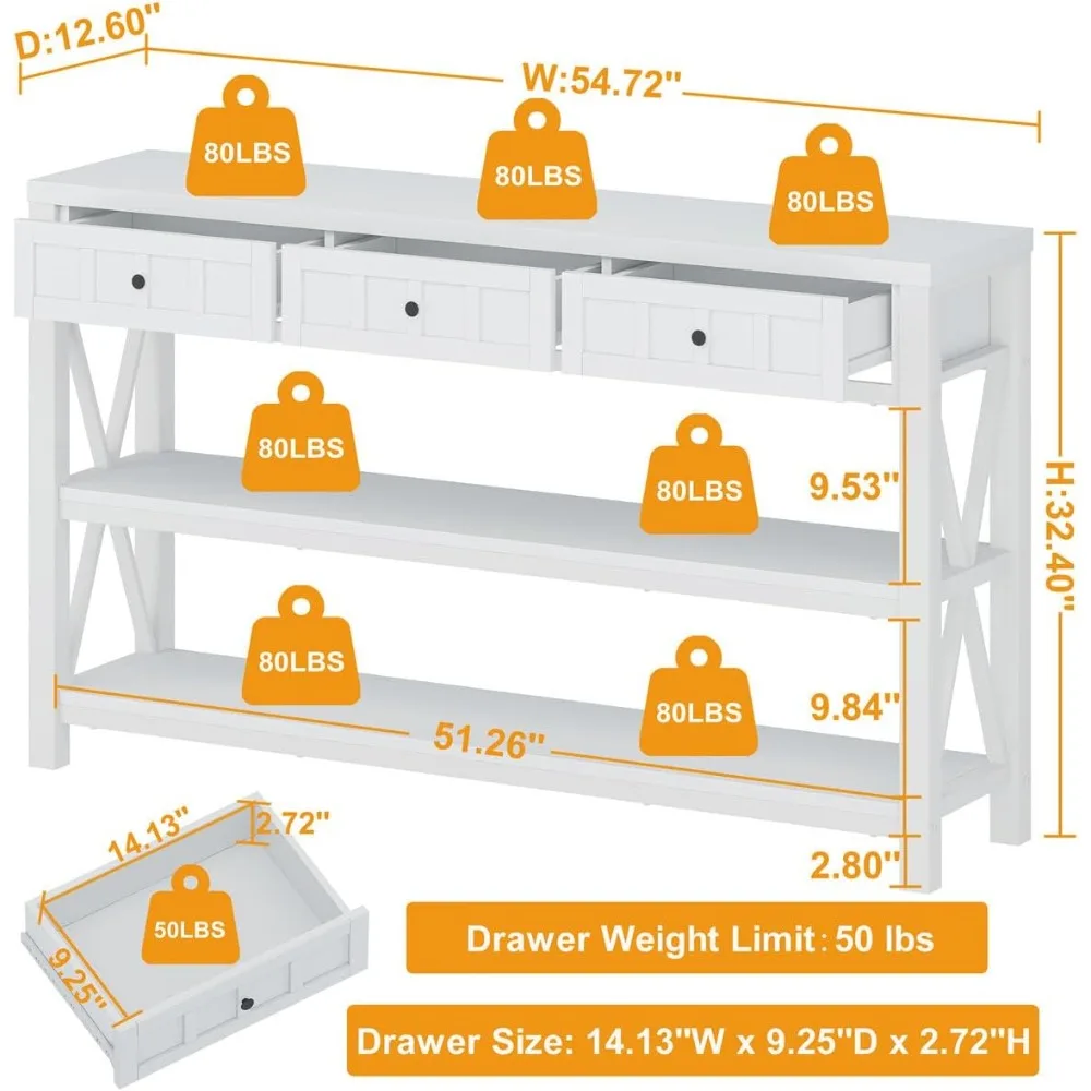 Mesa de console de fazenda com 3 gavetas: mesa de sofá de entrada de madeira e metal para sala de estar e corredor em estilo moderno