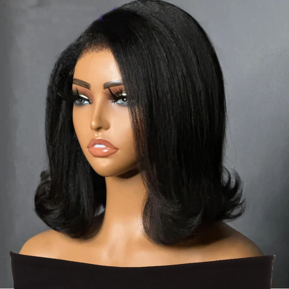 Short Bob Preplucked Soft 14 Inch Natural Black Yaki Kinky Straight Wave Lace Front Wig For Women With Baby Hair Glueless Daily