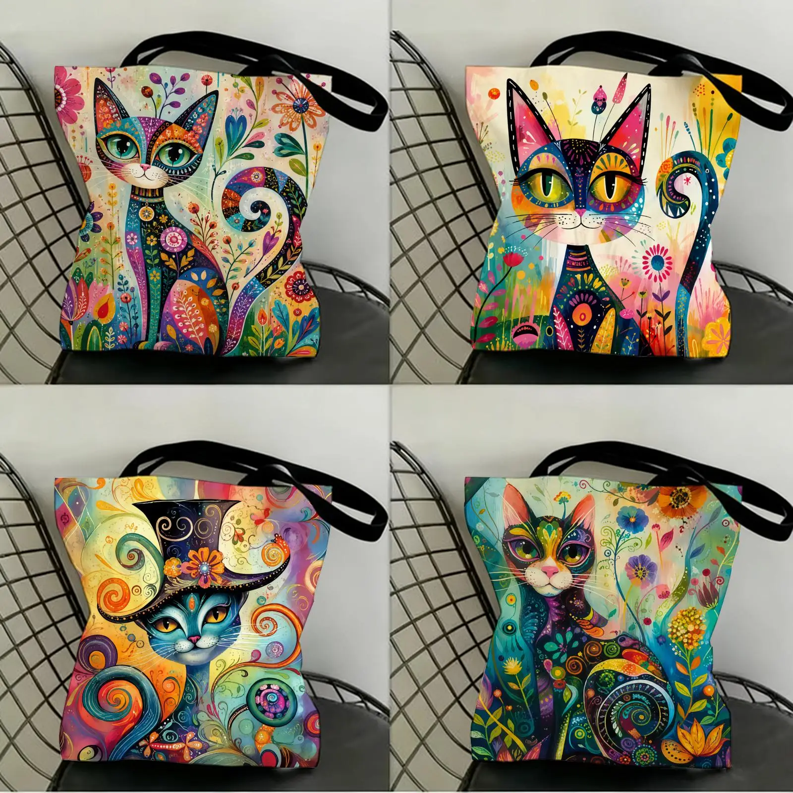 

Colorful Fantasy Cats Storage Bags Canvas Double-Sided Print Women Large Tote Bag Durable Beach Picnic Foldable Gift Eco