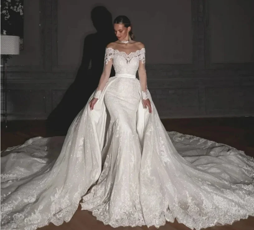 

2024 Изысканные Новые свадебные платья 2 в 1 с длинными рукавами и вырезом лодочкой и юбкой-годе