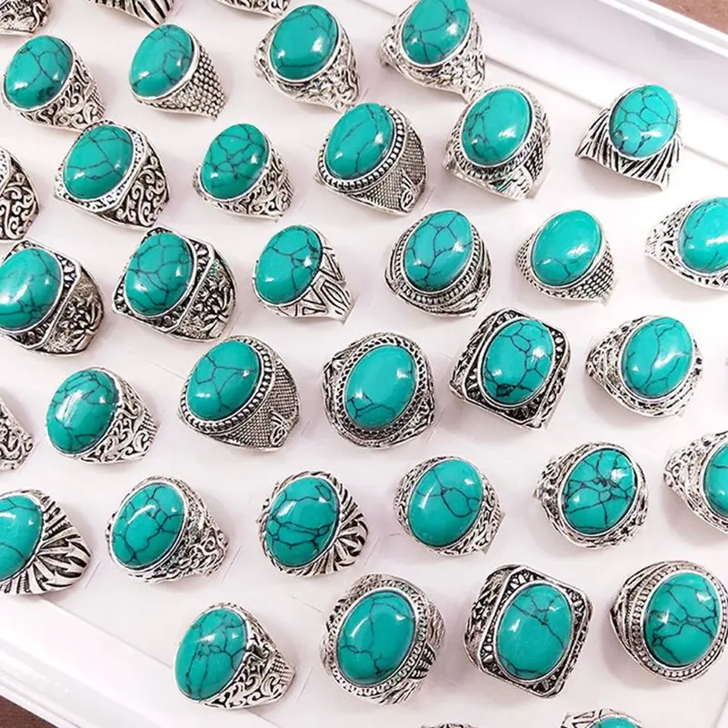 10pcs Vintage Big Oval Natural Turquoises Stone Ring Men Retro Antique Silver Color Carved Ring For Women Punk Turkish Jewelry