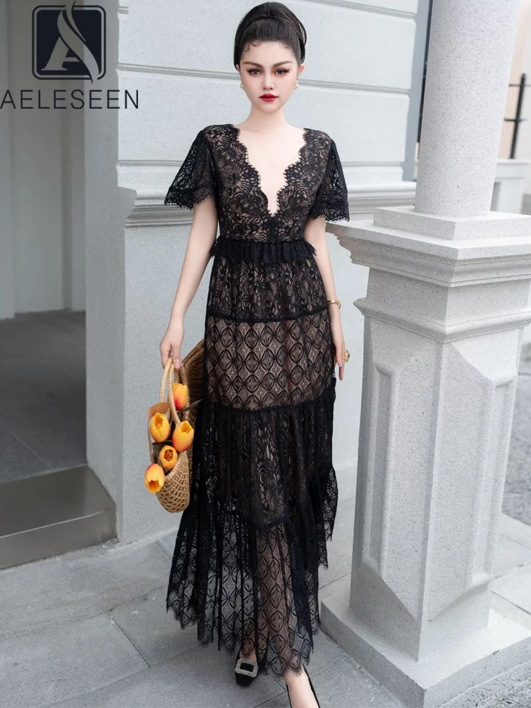 

AELESEEN Runway Fashion Summer Lace Dress Women V-Neck Sexy Backless See-Through Flare Sleeve Elegant Long Party Holiday