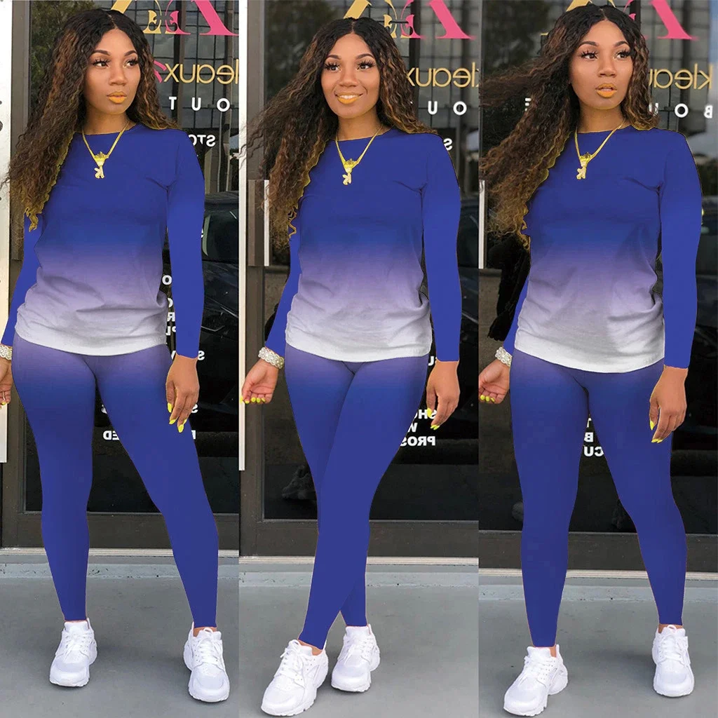 2026 Women's Casual Two-Piece Suit with Gradual Change Long Sleeved Trousers Sports Trend Gradual Color Change Casual Set