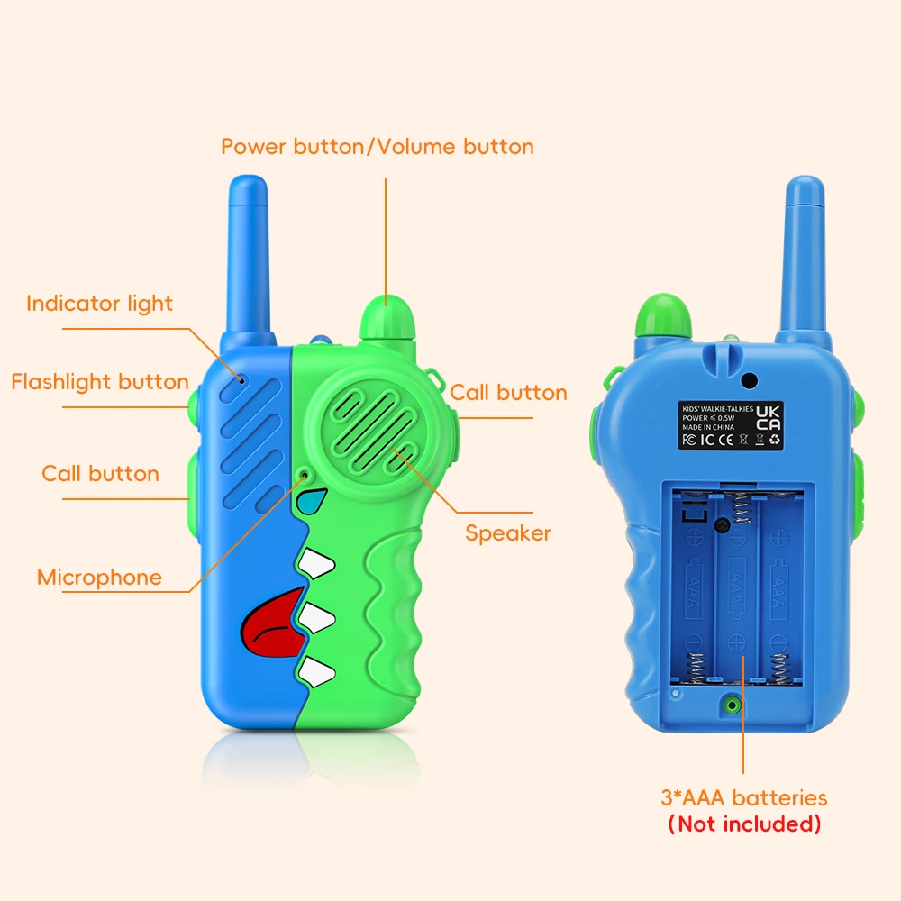 2PCS Dinosaur Kids Walkie Talkies With Flashlight Kids Handheld Transceerver With Volume Knob & Clear Sound For Children Toys