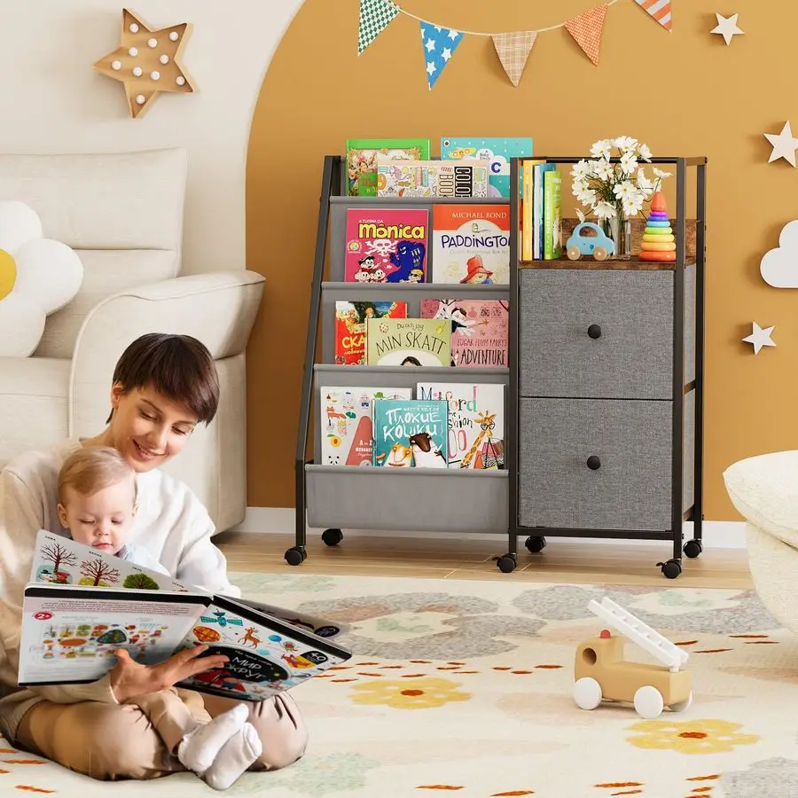 رف لغرف الأطفال، رف كتب للأطفال الصغار مع مساحة تخزين للأطفال لغرفة الأطفال وغرفة النوم وغرفة اللعب، سهلة التجميع باللون الأسود