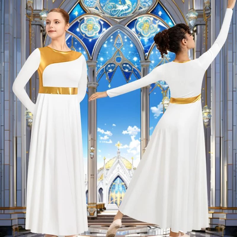 Women's Praise Dance Dress Long Sleeve Loose Fit Church Dancewear Metallic Full Length Liturgical Worship Costume Dance Dress
