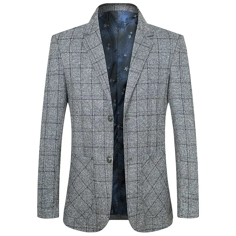 

Мужской пиджак весна-осень 2026: винтажный, в клетку, с отложным воротником, с карманами, приталенный, однобортный, деловой, верхняя одежда