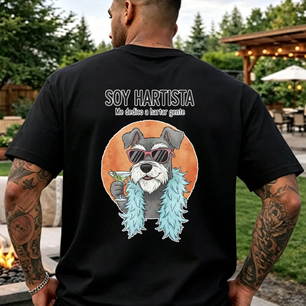 Soy Hartista Spanish Funny Schnauzer Cocktail Dog TShirt Unisex Retro Circle Back Print Cotton Short Sleeve Latin Humor Pet Gift