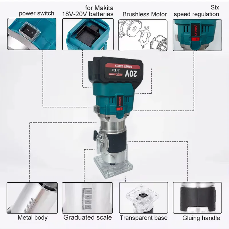 LYUWO Brushless Lithium Battery Trimming Machine Multi functional Woodworking Slotting Machine Trimming Machine Woodworking Tool