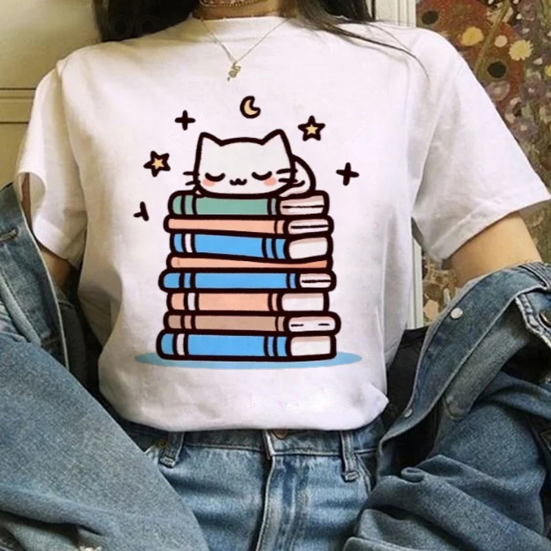 

Летняя милая футболка с принтом кота, повседневная одежда, женская базовая футболка с короткими рукавами и круглым вырезом, белый топ в стиле Харадзюку