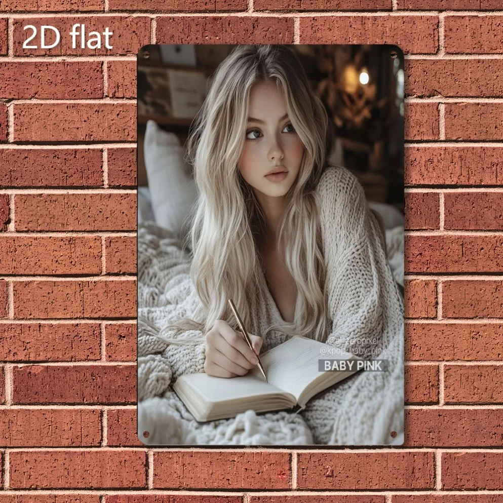 2D Metal Sign Blonde Lady Writing Wall Art Iron Black Vintage 30x40cm Weatherproof Pre-Drilled Home Garden Indoor Outdoor Decor view 2